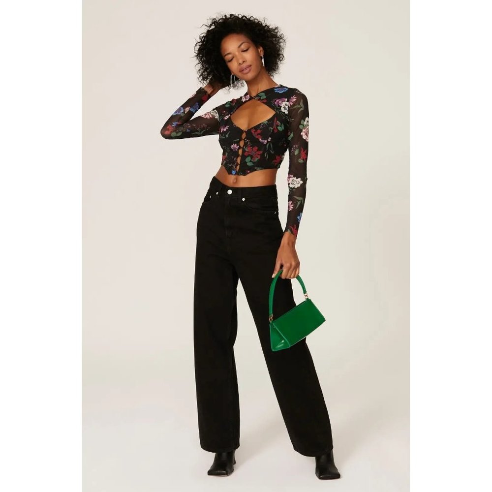 AFRM Floral Macie Corset Scoop Neck With Key Hole Top Long Sleeves Black Size XS
